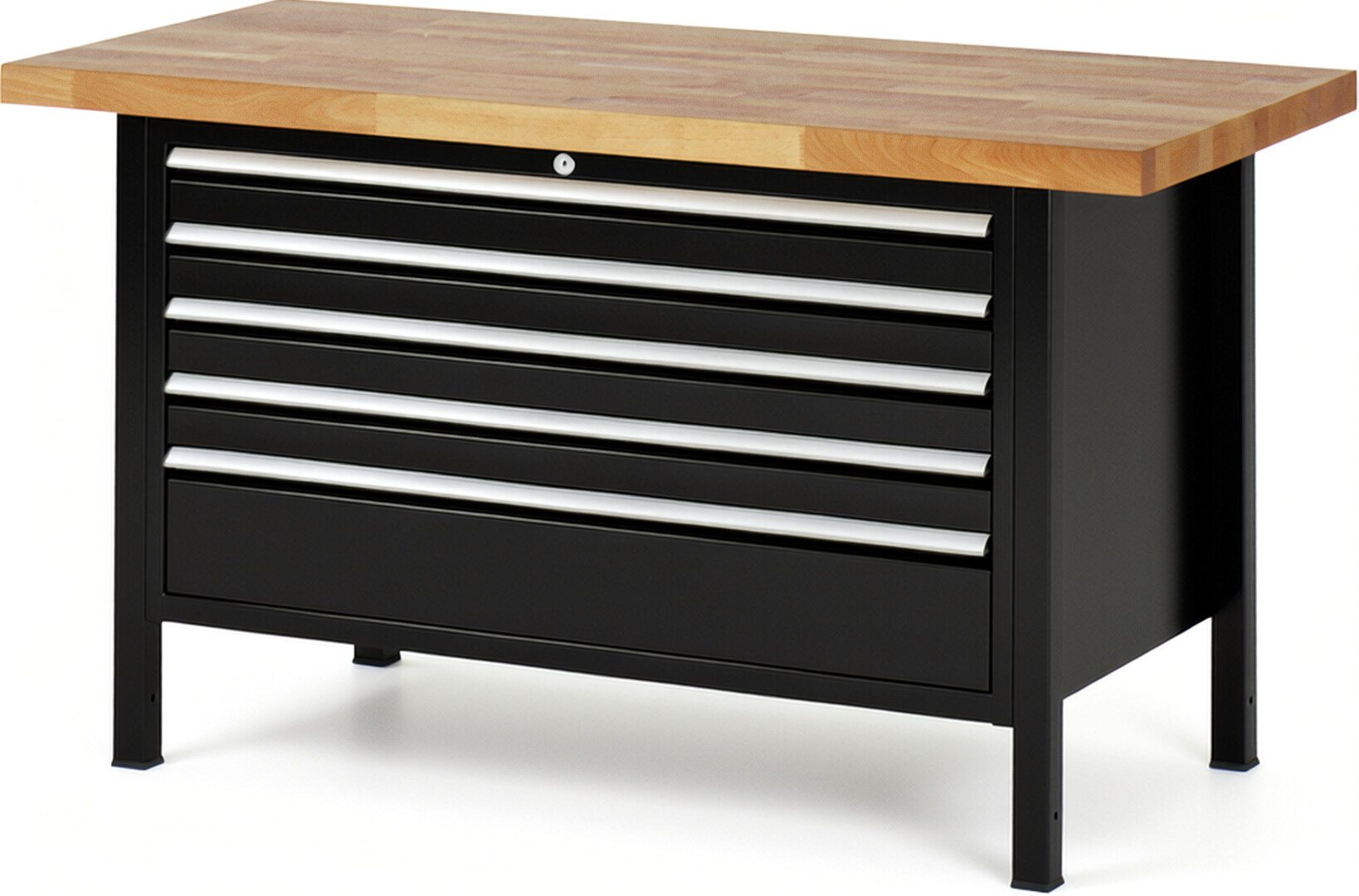 Werkbank Modell 8368 schwarz, BxTxH 1500x700x840-1040 mm,  Buche-Massiv Arbeitsplatte 40 mm,  5 Schubladen mit  Auszug 90 %