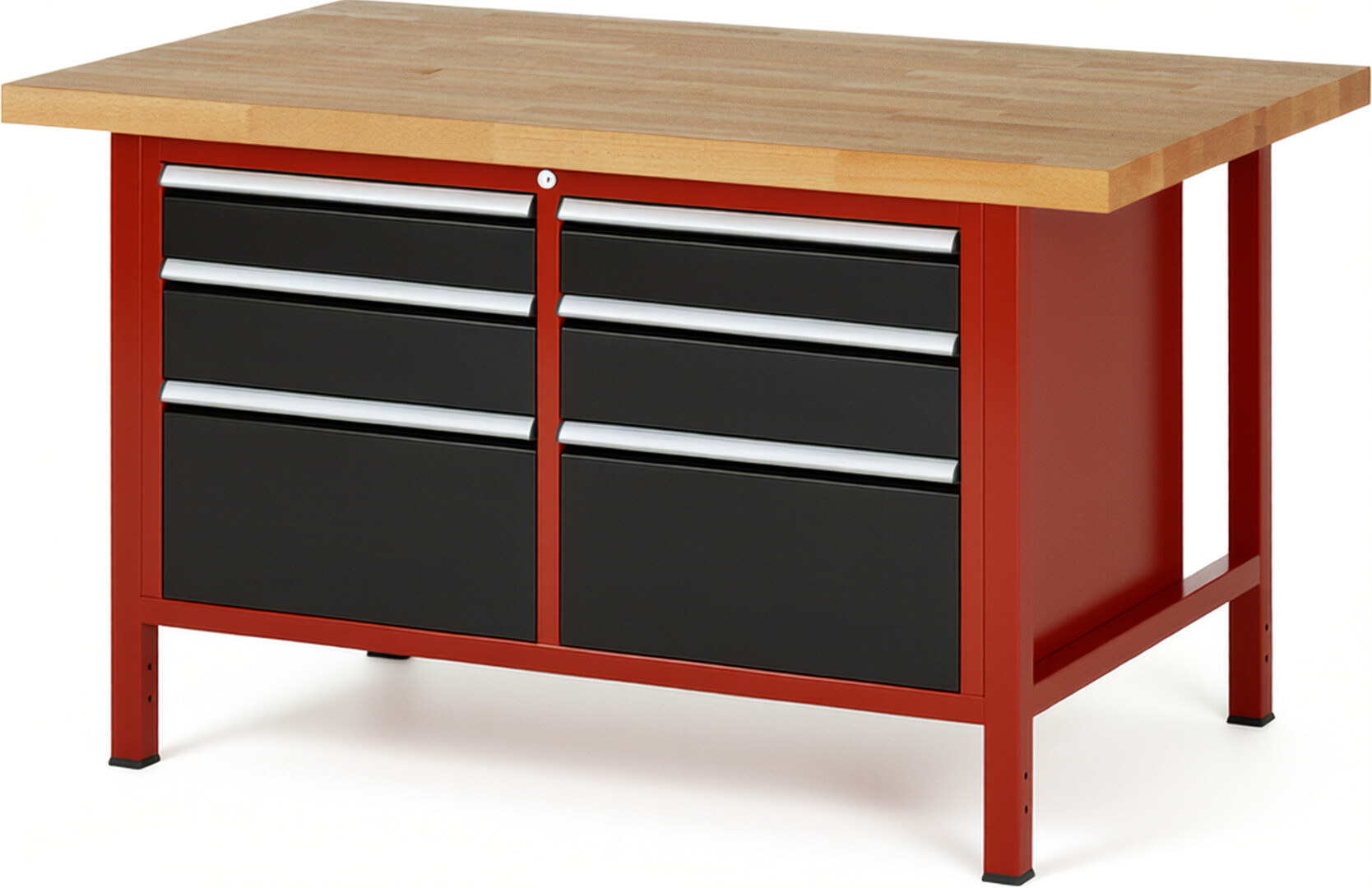 Werkbank Modell 8475 rot - schwarz, BxTxH 1500x900x840-1040 mm,  Buche-Massiv Arbeitsplatte 40 mm,  6 Schubladen mit  Auszug 90 %