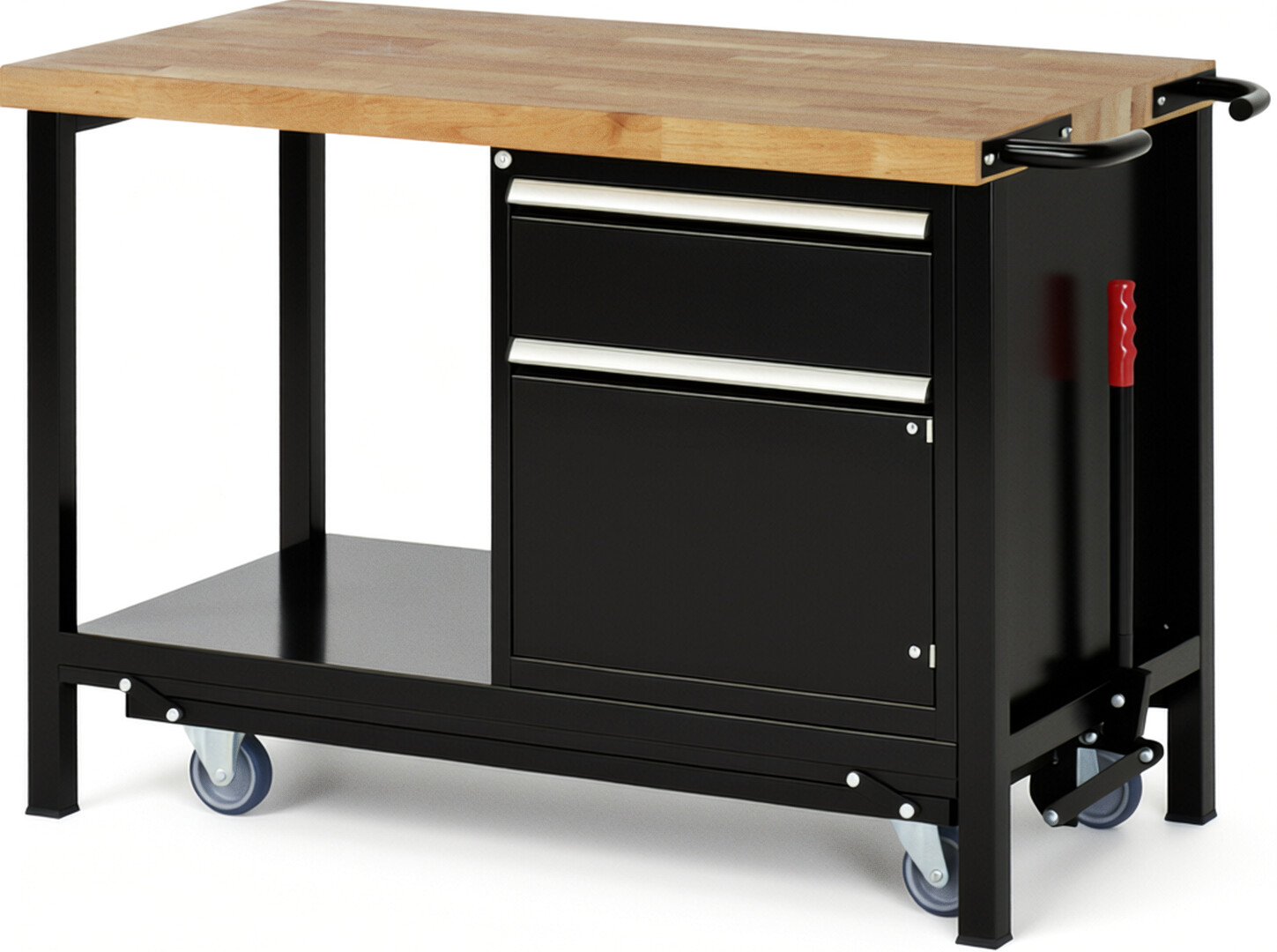 Absenkbare Werkbank Modell 8152 schwarz, BxTxH 1250x700x880 mm,  Buche-Massiv Arbeitsplatte 40 mm,  1 Schublade mit  Vollauszug 100 % und  SoftClosing
