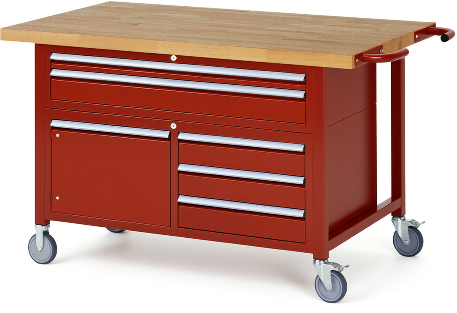 Fahrbare Werkbank Modell 8922 rot, BxTxH 1500x900x920 mm,  Buche-Massiv Arbeitsplatte 40 mm,  5 Schubladen mit  Vollauszug 100 % und  SoftClosing