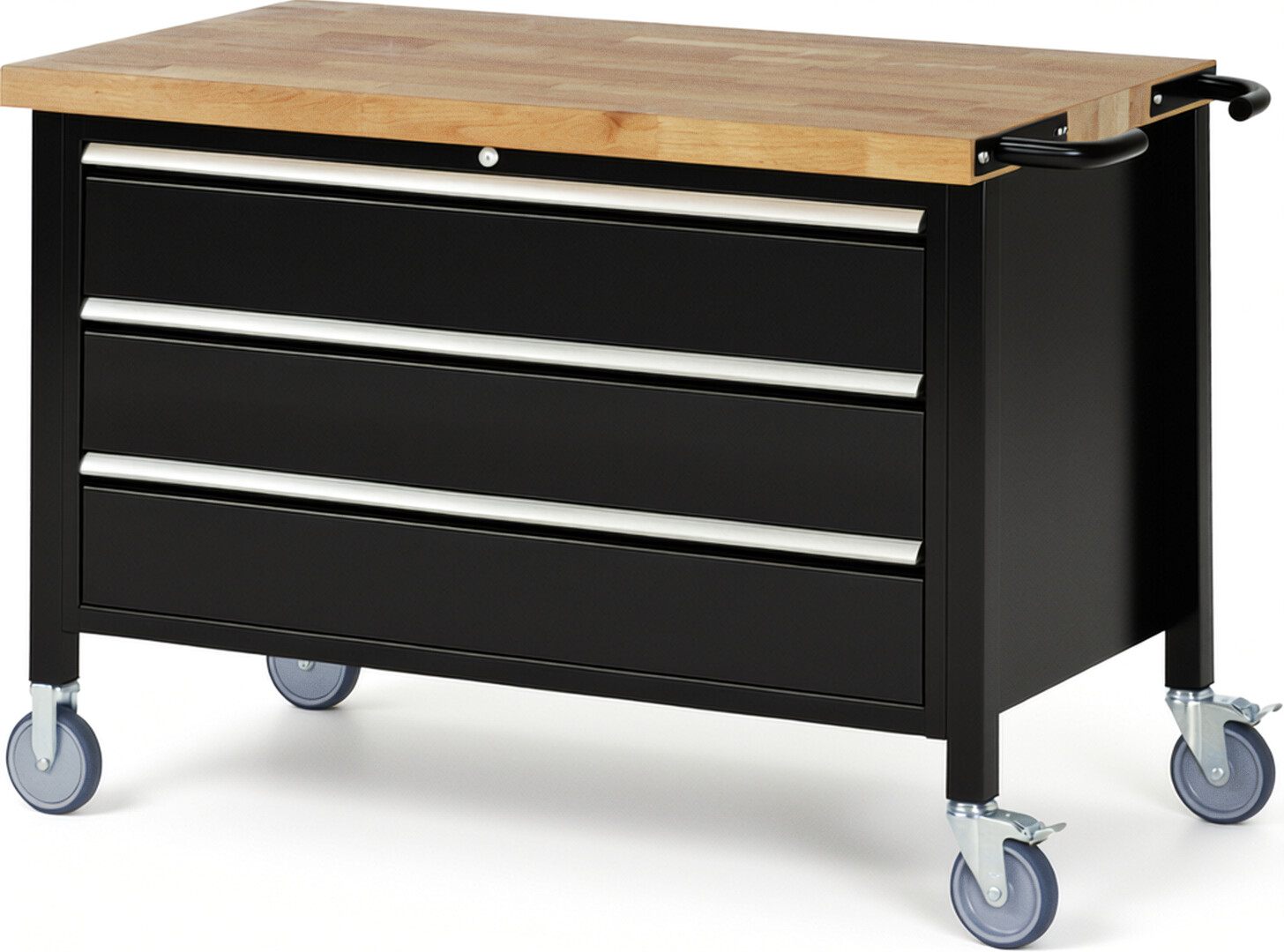 Fahrbare Werkbank Modell 8357 schwarz, BxTxH 1250x700x880-1080 mm,  Buche-Massiv Arbeitsplatte 40 mm,  3 Schubladen mit  Auszug 90 %