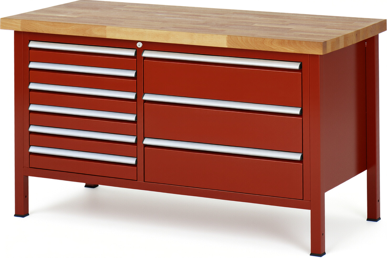 Werkbank Modell 8653 rot, BxTxH 1500x700x840 mm,  Buche-Massiv Arbeitsplatte 40 mm,  9 Schubladen mit  Auszug 90 %