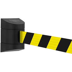 Wandkassette mit Rollgurt, Wandfixierung inkl. Wandanschluss, Gehäuse Kunststoff schwarz, Gurt 4,60 m, gelb/schwarz