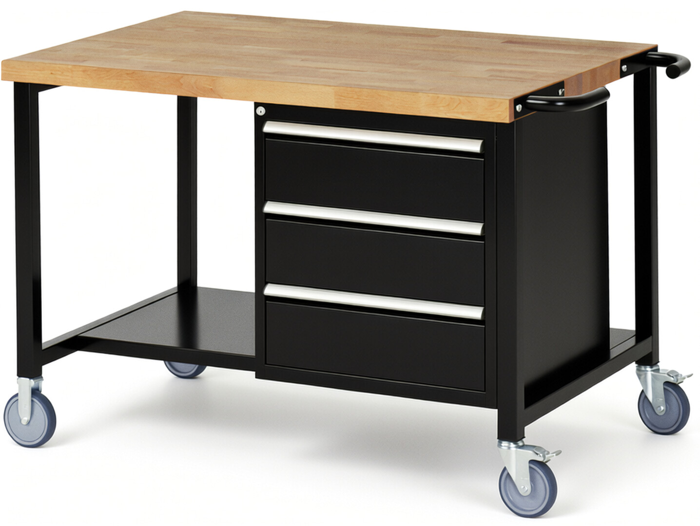 Fahrbare Werkbank Modell 8157 schwarz, BxTxH 1250x900x880 mm,  Buche-Massiv Arbeitsplatte 40 mm,  3 Schubladen mit  Vollauszug 100 % und  SoftClosing