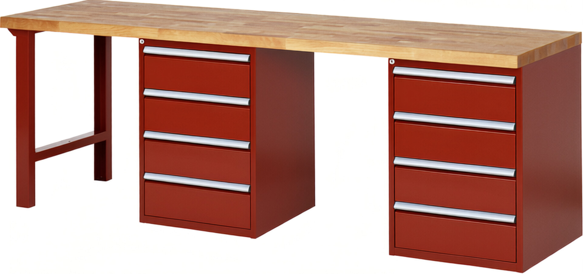 Werkbank Modell 7509 rot, BxTxH 2500x700x890 mm,  Buche-Massiv Arbeitsplatte 40 mm,  8 Schubladen mit  Auszug 90 %