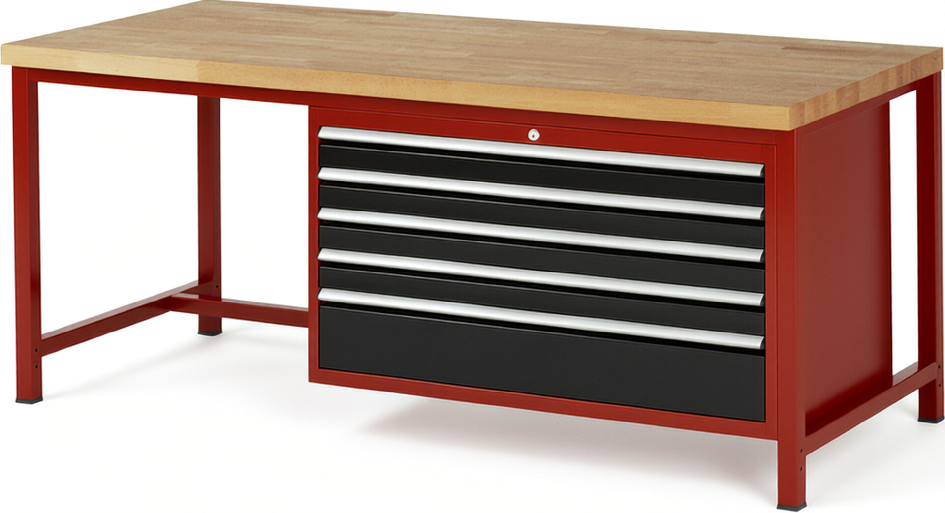 Werkbank Modell 8368 rot - schwarz, BxTxH 2000x900x840 mm,  Buche-Massiv Arbeitsplatte 40 mm,  5 Schubladen mit  Auszug 90 %