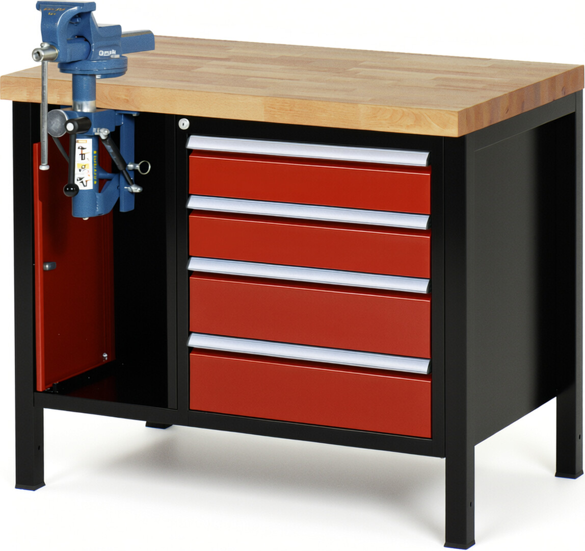 RAU Werkbank schwarz - rot - Breite 100 cm - Tiefe 70 cm - Höhe 104 cm - Buche-Massiv Arbeitsplatte 40 mm