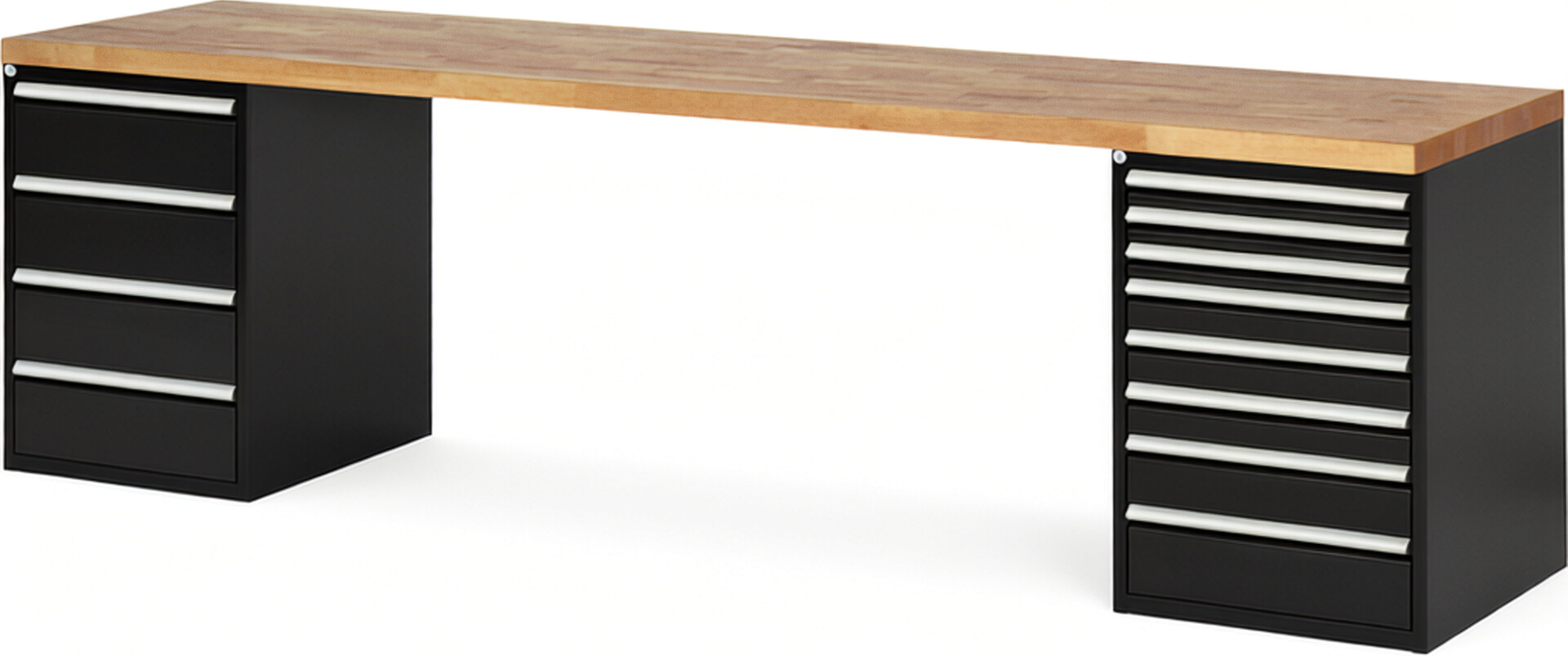 Werkbank Modell 7822 schwarz, BxTxH 3000x700x890 mm,  Buche-Massiv Arbeitsplatte 40 mm,  12 Schubladen mit  Auszug 90 %