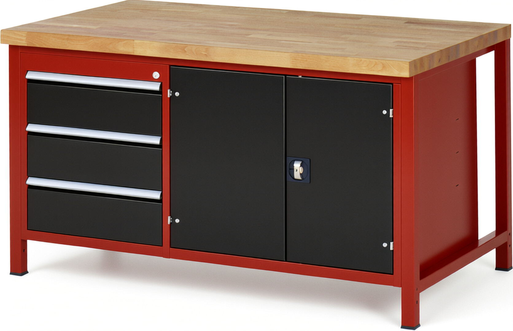 Werkbank Modell 8904 rot - schwarz, BxTxH 1500x900x840 mm,  Buche-Massiv Arbeitsplatte 40 mm,  3 Schubladen mit  Vollauszug 100 % und  SoftClosing