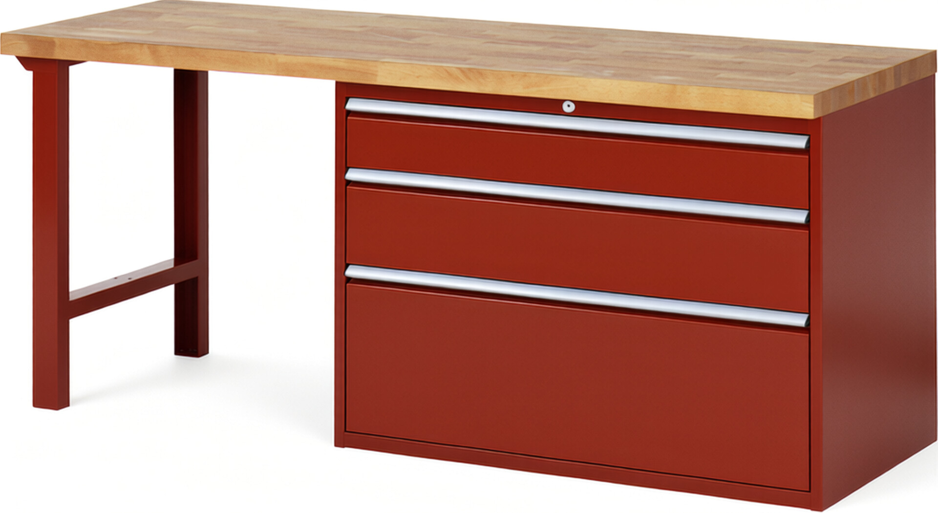 Werkbank Modell 7708 rot, BxTxH 2000x700x890 mm,  Buche-Massiv Arbeitsplatte 40 mm,  3 Schubladen mit  Auszug 90 %