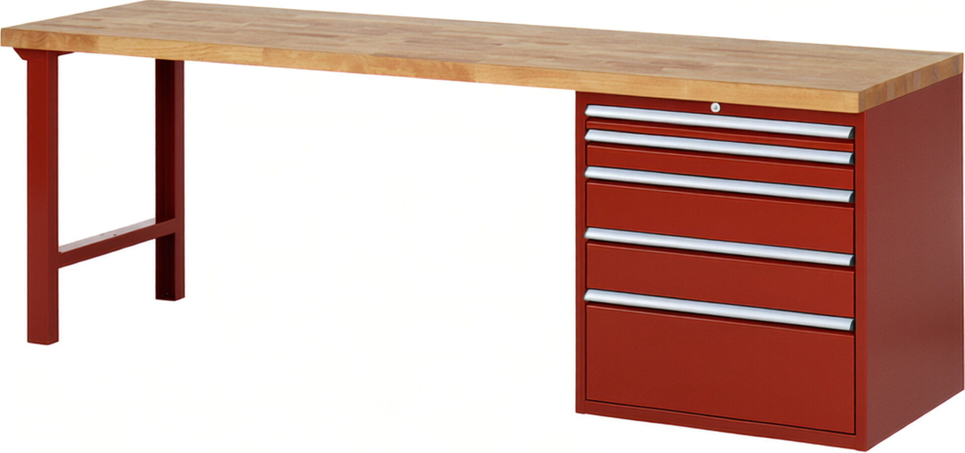 Werkbank Modell 7611 rot, BxTxH 2500x700x890 mm,  Buche-Massiv Arbeitsplatte 40 mm,  5 Schubladen mit  Vollauszug 100 % und  SoftClosing