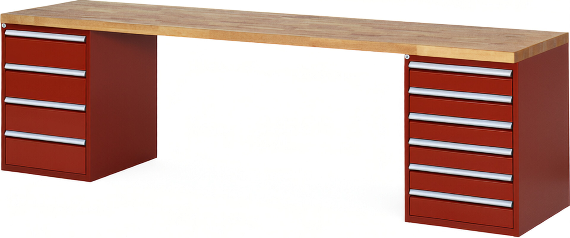 Werkbank Modell 7821 rot, BxTxH 3000x700x890 mm,  Buche-Massiv Arbeitsplatte 40 mm,  10 Schubladen mit  Auszug 90 %