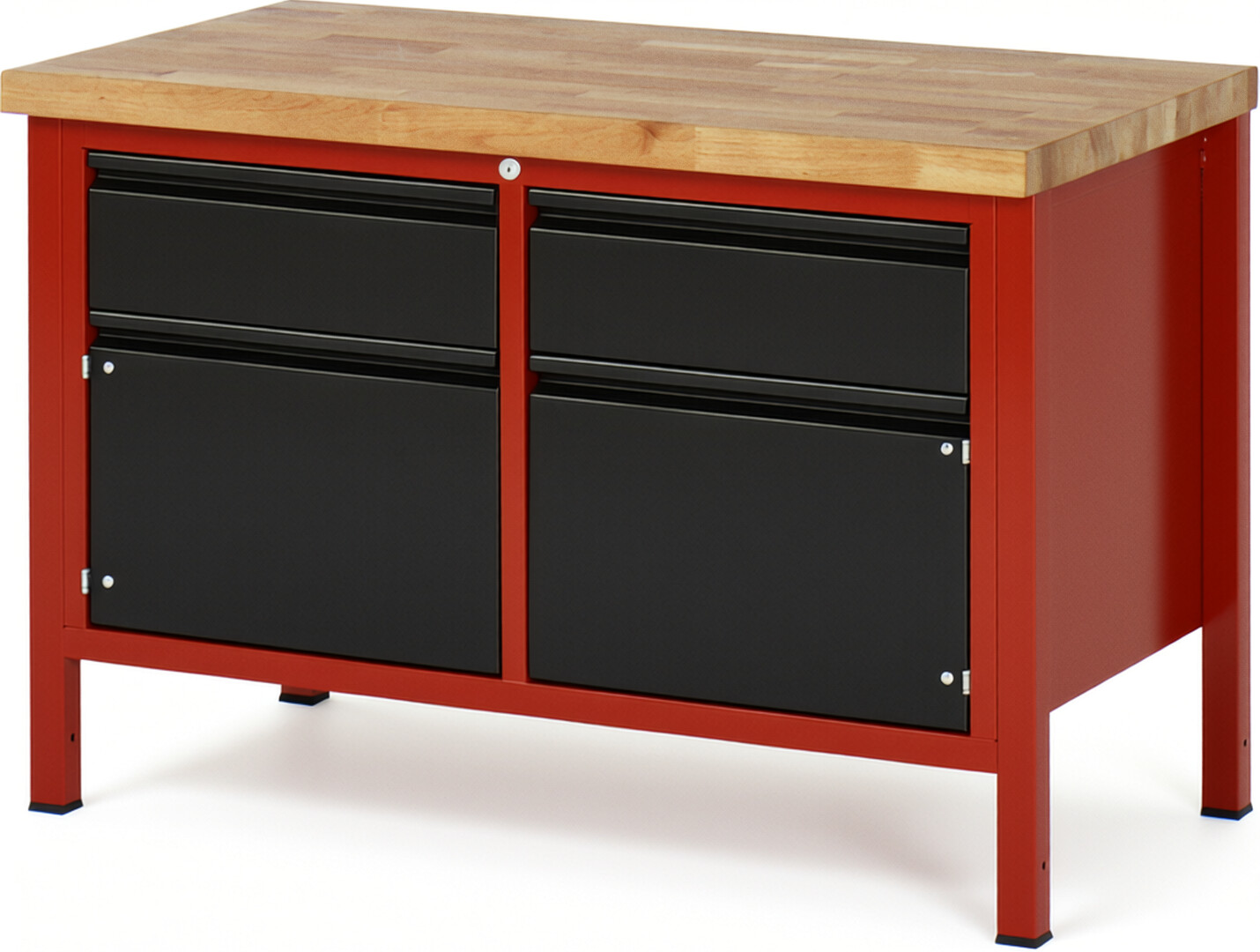 Werkbank rot - schwarz, BxTxH 1250x700x840-1040 mm, Platte Buche 40 mm, 2 Schubladen 180 mm, 2 Türen 360 mm, RAL 3000/9011