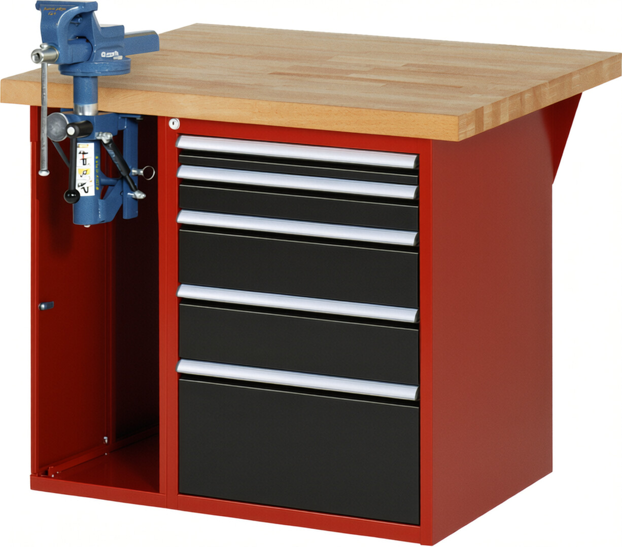 Werkbank Modell 7511 rot - schwarz, BxTxH 1000x900x890 mm,  Buche-Massiv Arbeitsplatte 40 mm,  5 Schubladen mit  Auszug 90 %