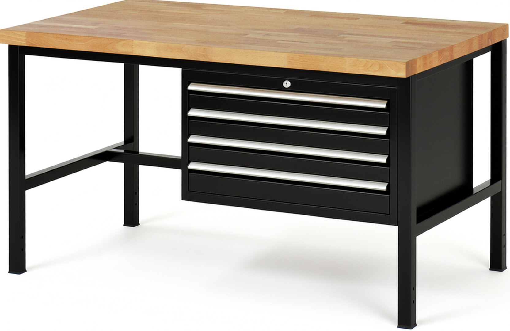 Werkbank Modell 8233 schwarz, BxTxH 1500x900x840 mm,  Buche-Massiv Arbeitsplatte 40 mm,  4 Schubladen mit  Vollauszug 100 % und  SoftClosing