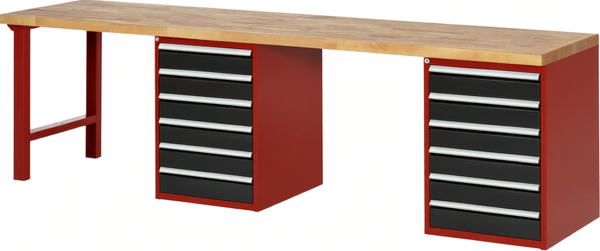Werkbank Modell 7516 rot - schwarz, BxTxH 3000x700x890 mm,  Buche-Massiv Arbeitsplatte 40 mm,  12 Schubladen mit  Vollauszug 100 % und  SoftClosing