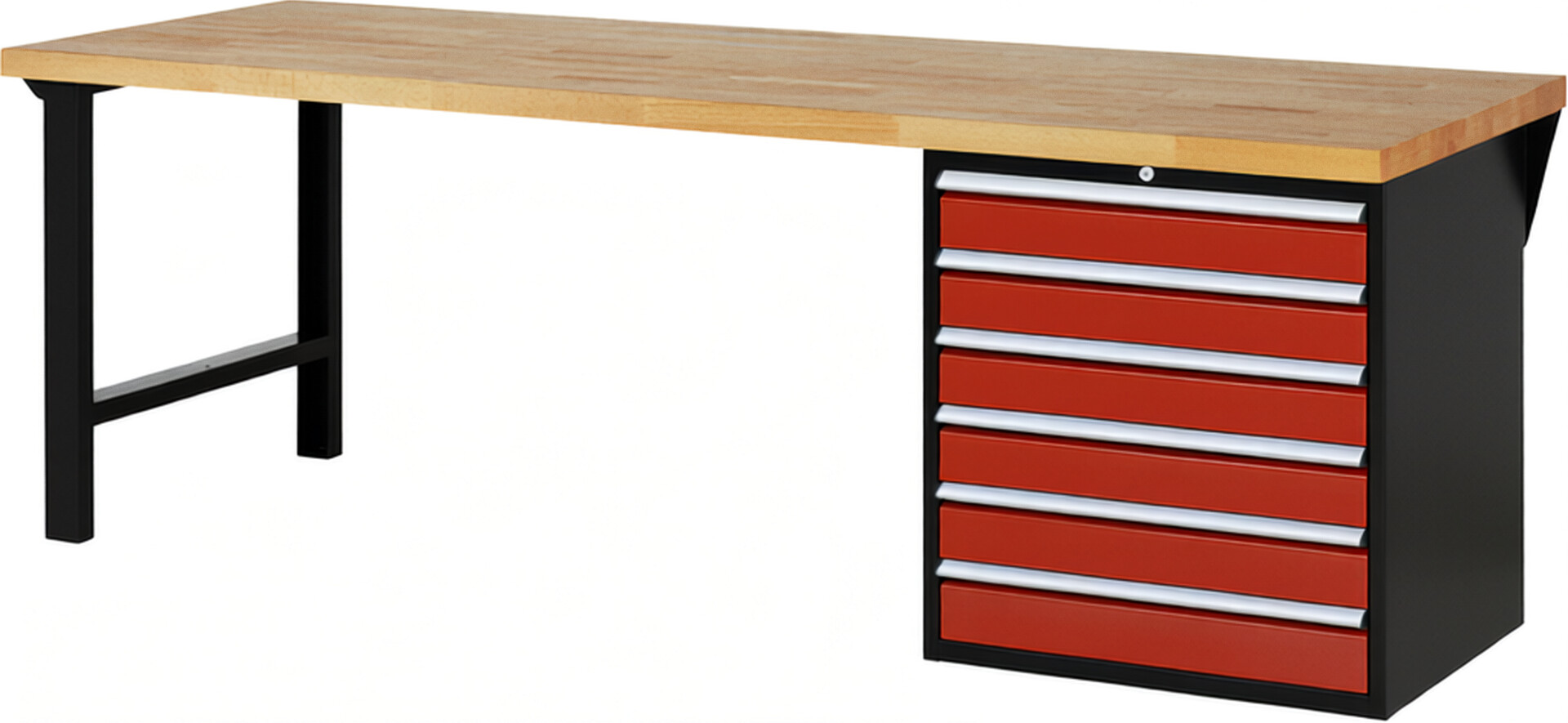 RAU Werkbank schwarz - rot - Breite 250 cm - Tiefe 90 cm - Höhe 89 cm - Buche-Massiv Arbeitsplatte 40 mm