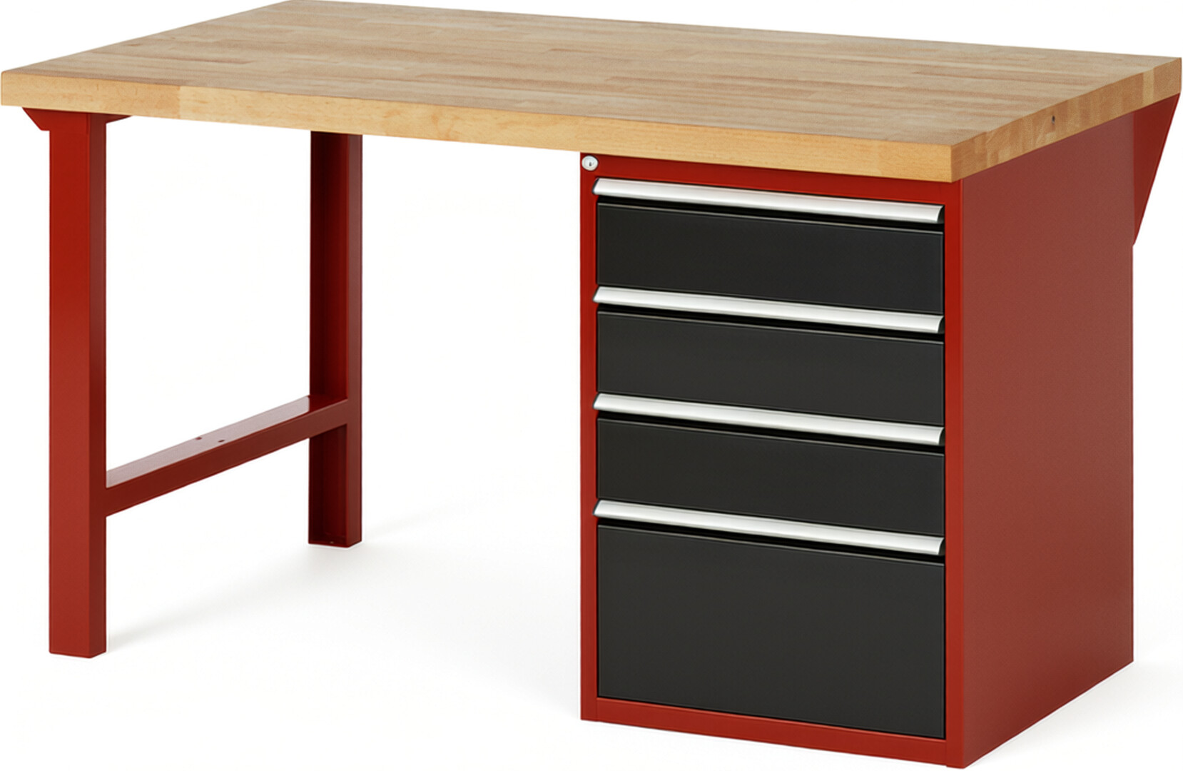 Werkbank Modell 7510 rot - schwarz, BxTxH 1500x900x890 mm,  Buche-Massiv Arbeitsplatte 40 mm,  4 Schubladen mit  Auszug 90 %