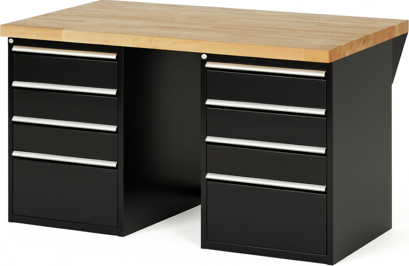 Werkbank Modell 7510 schwarz, BxTxH 1500x900x890 mm,  Buche-Massiv Arbeitsplatte 40 mm,  8 Schubladen mit  Auszug 90 %
