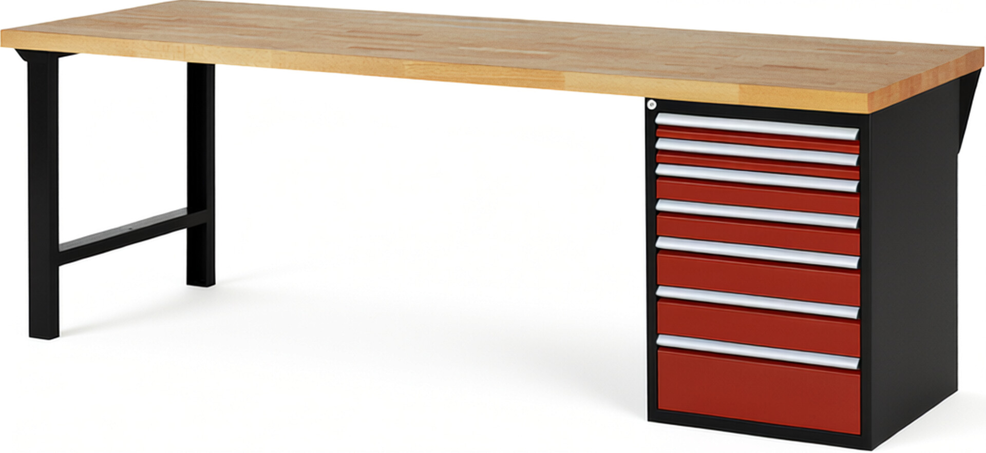 RAU Werkbank schwarz - rot - Breite 250 cm - Tiefe 90 cm - Höhe 89 cm - Buche-Massiv Arbeitsplatte 40 mm
