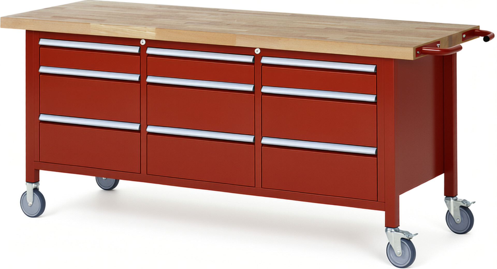 Fahrbare Werkbank Modell 8573 rot, BxTxH 2000x700x880 mm,  Buche-Massiv Arbeitsplatte 40 mm,  9 Schubladen mit  Auszug 90 %