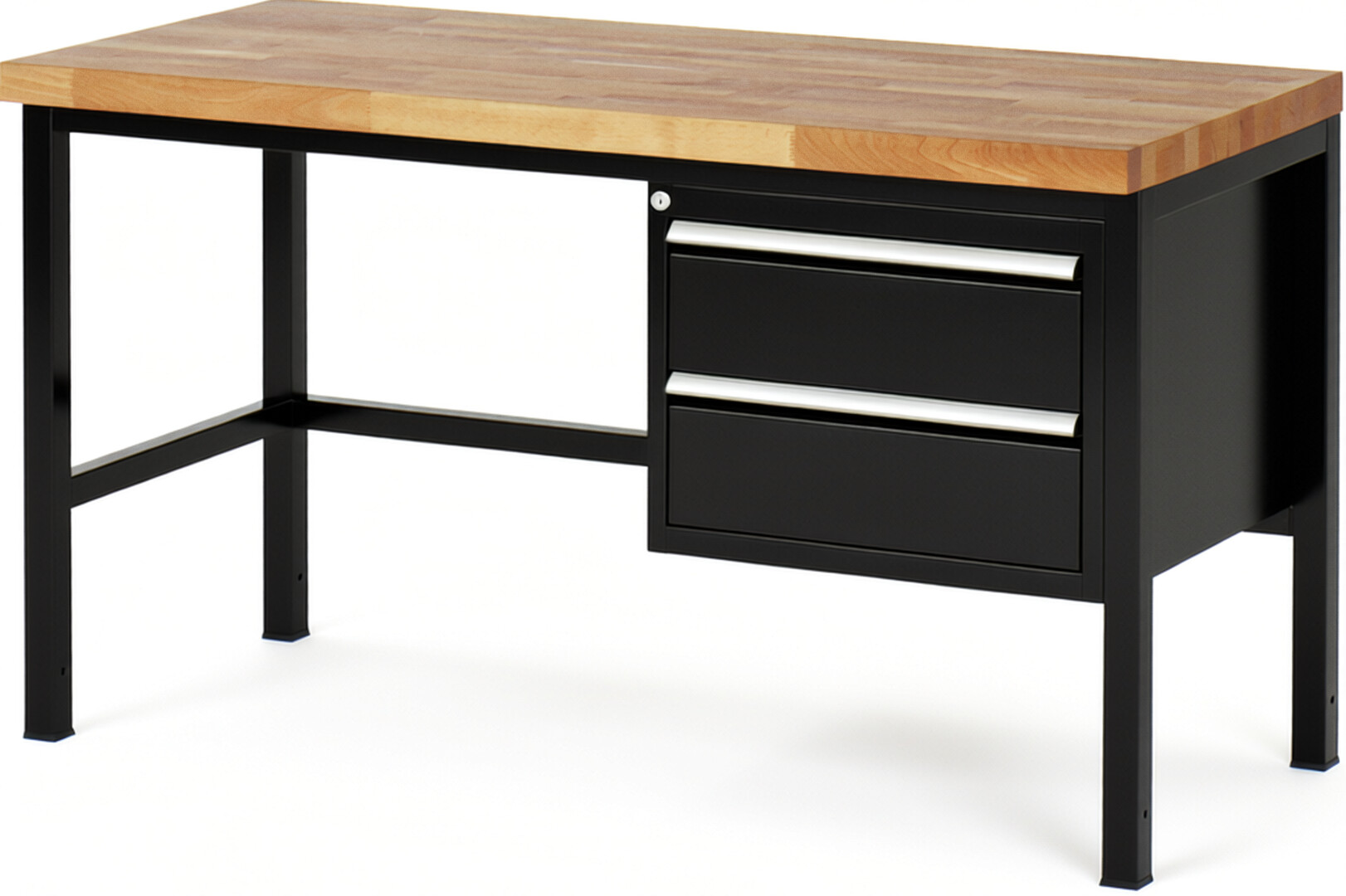 Werkbank Modell 8125 schwarz, BxTxH 1500x700x840-1040 mm,  Buche-Massiv Arbeitsplatte 40 mm,  2 Schubladen mit  Vollauszug 100 % und  SoftClosing