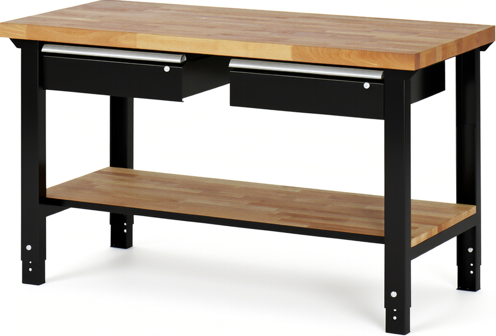 Werkbank Modell 7002 schwarz, BxTxH 1500x700x790-1140 mm,  Buche-Massiv Arbeitsplatte 40 mm,  2 Schubladen mit  Auszug 90 %