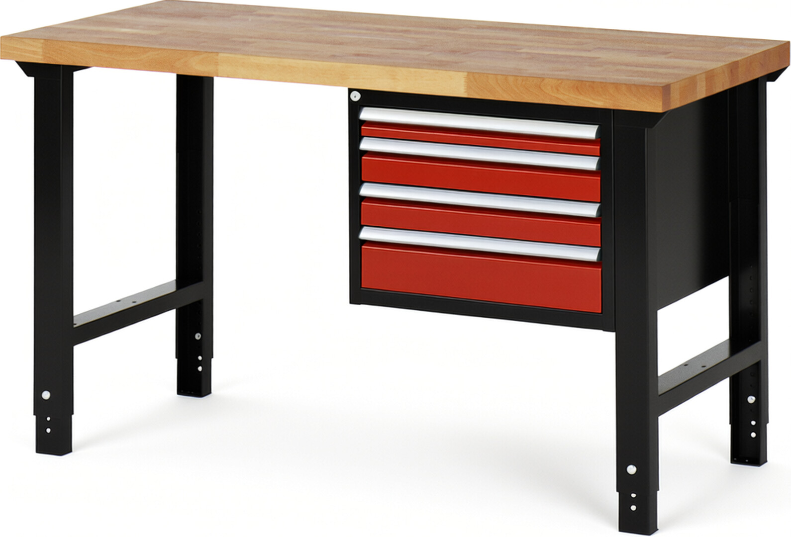 RAU Werkbank schwarz - rot - Breite 150 cm - Tiefe 70 cm - Höhe 114 cm - Buche-Massiv Arbeitsplatte 40 mm
