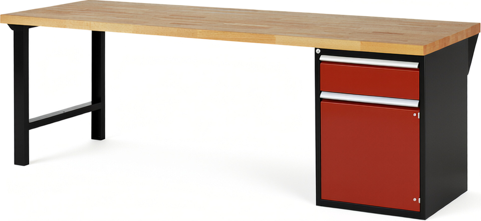 RAU Werkbank schwarz - rot - Breite 250 cm - Tiefe 90 cm - Höhe 89 cm - Buche-Massiv Arbeitsplatte 40 mm