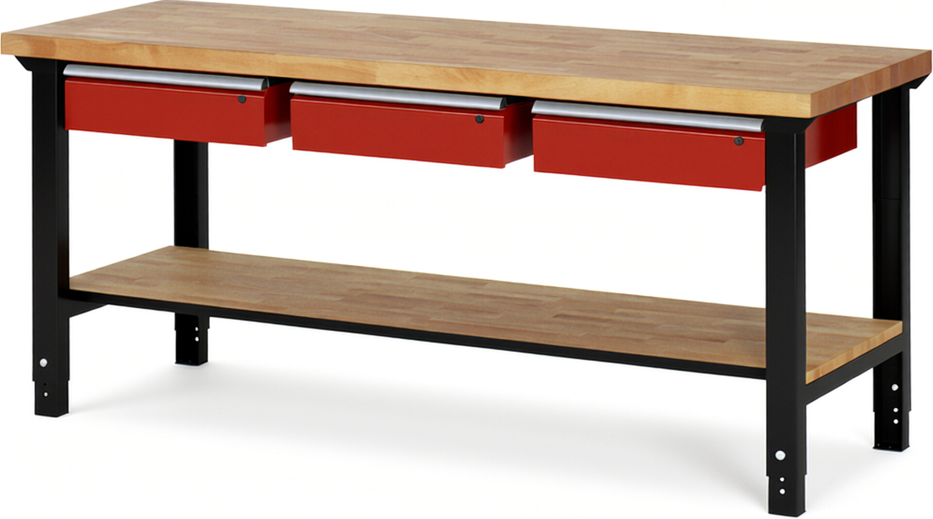 RAU Werkbank schwarz - rot - Breite 200 cm - Tiefe 70 cm - Höhe 114 cm - Buche-Massiv Arbeitsplatte 40 mm