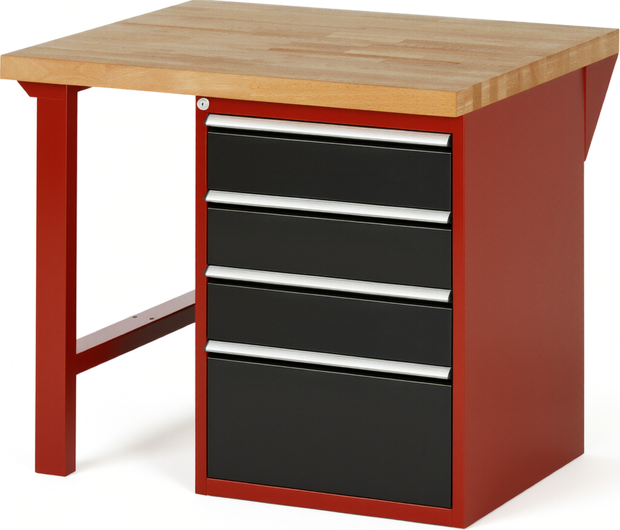 Werkbank Modell 7510 rot - schwarz, BxTxH 1000x900x890 mm,  Buche-Massiv Arbeitsplatte 40 mm,  4 Schubladen mit  Auszug 90 %