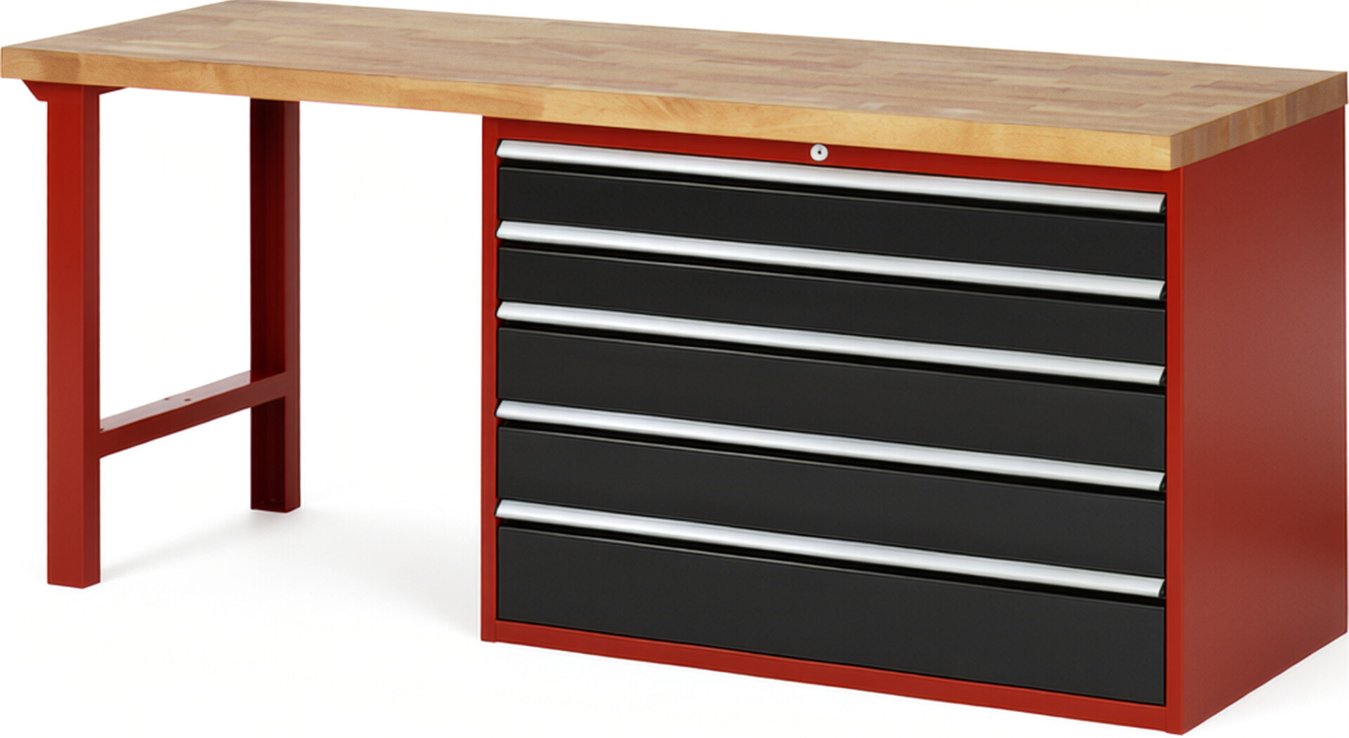 Werkbank Modell 7713 rot - schwarz, BxTxH 2000x700x890 mm,  Buche-Massiv Arbeitsplatte 40 mm,  5 Schubladen mit  Auszug 90 %