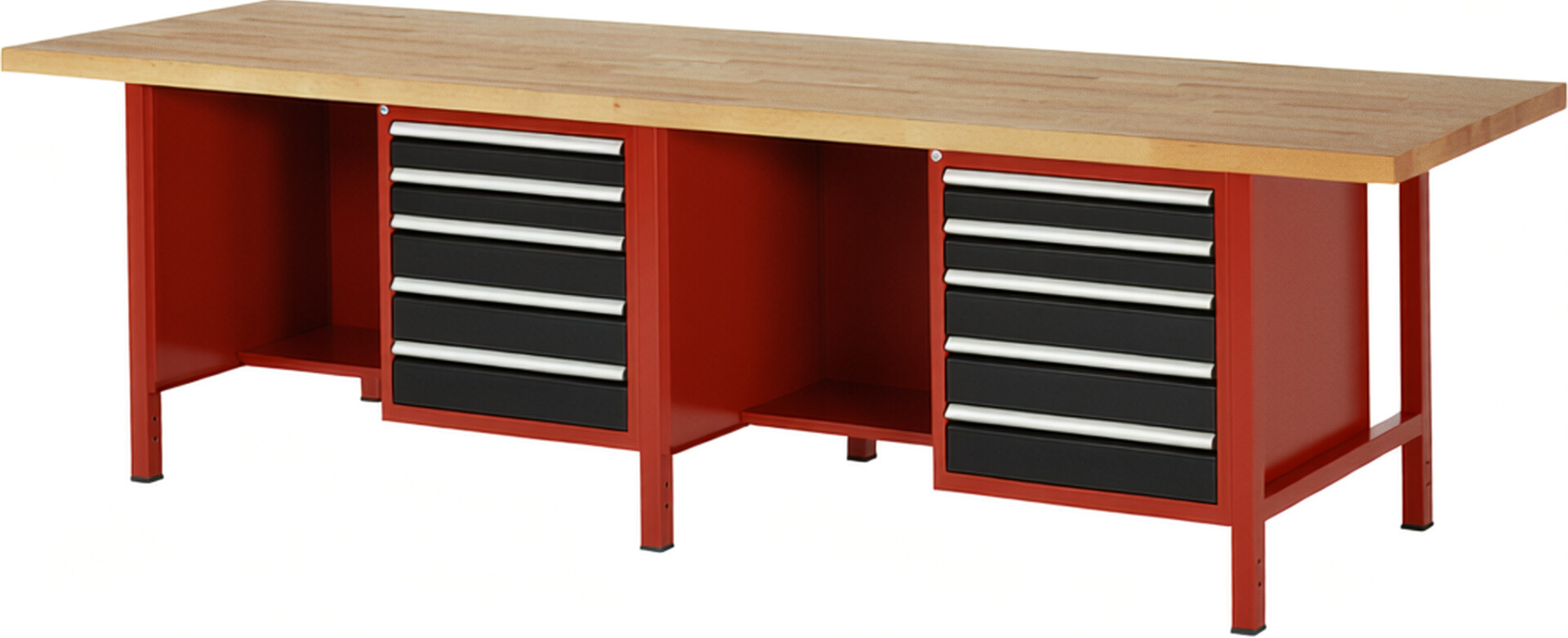 Werkbank Modell 8454 rot - schwarz, BxTxH 3000x900x840-1040 mm,  Buche-Massiv Arbeitsplatte 40 mm,  10 Schubladen mit  Auszug 90 %