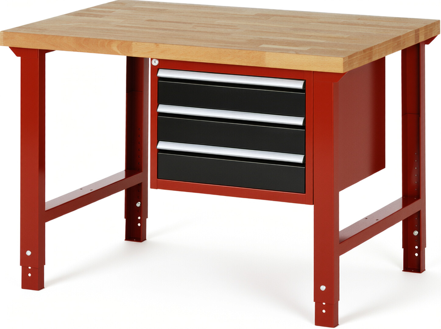Werkbank Modell 7127 rot - schwarz, BxTxH 1250x900x790-1140 mm,  Buche-Massiv Arbeitsplatte 40 mm,  3 Schubladen mit  Vollauszug 100 % und  SoftClosing