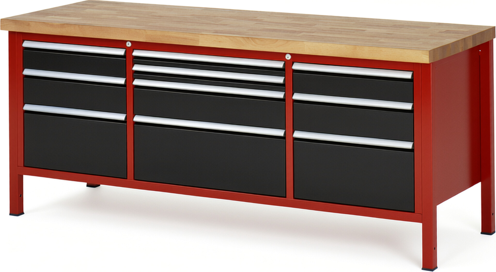 Werkbank Modell 8756 rot - schwarz, BxTxH 2000x700x840-1040 mm,  Buche-Massiv Arbeitsplatte 40 mm,  10 Schubladen mit  Vollauszug 100 % und  SoftClosing