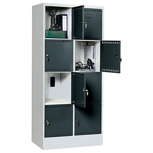 Akku-Ladeschrank, Fächerschrank, BxTxH 810x582x1795 mm, 8 Fächer, Abteil-BxH 400x400 mm, RAL 7035/7016 lichtgrau/anthrazit