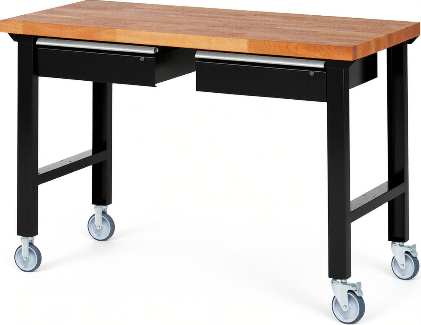 Fahrbare Werkbank Modell 7002 schwarz, BxTxH 1500x700x1000 mm,  Buche-Massiv Arbeitsplatte 40 mm,  2 Schubladen mit  Auszug 90 %