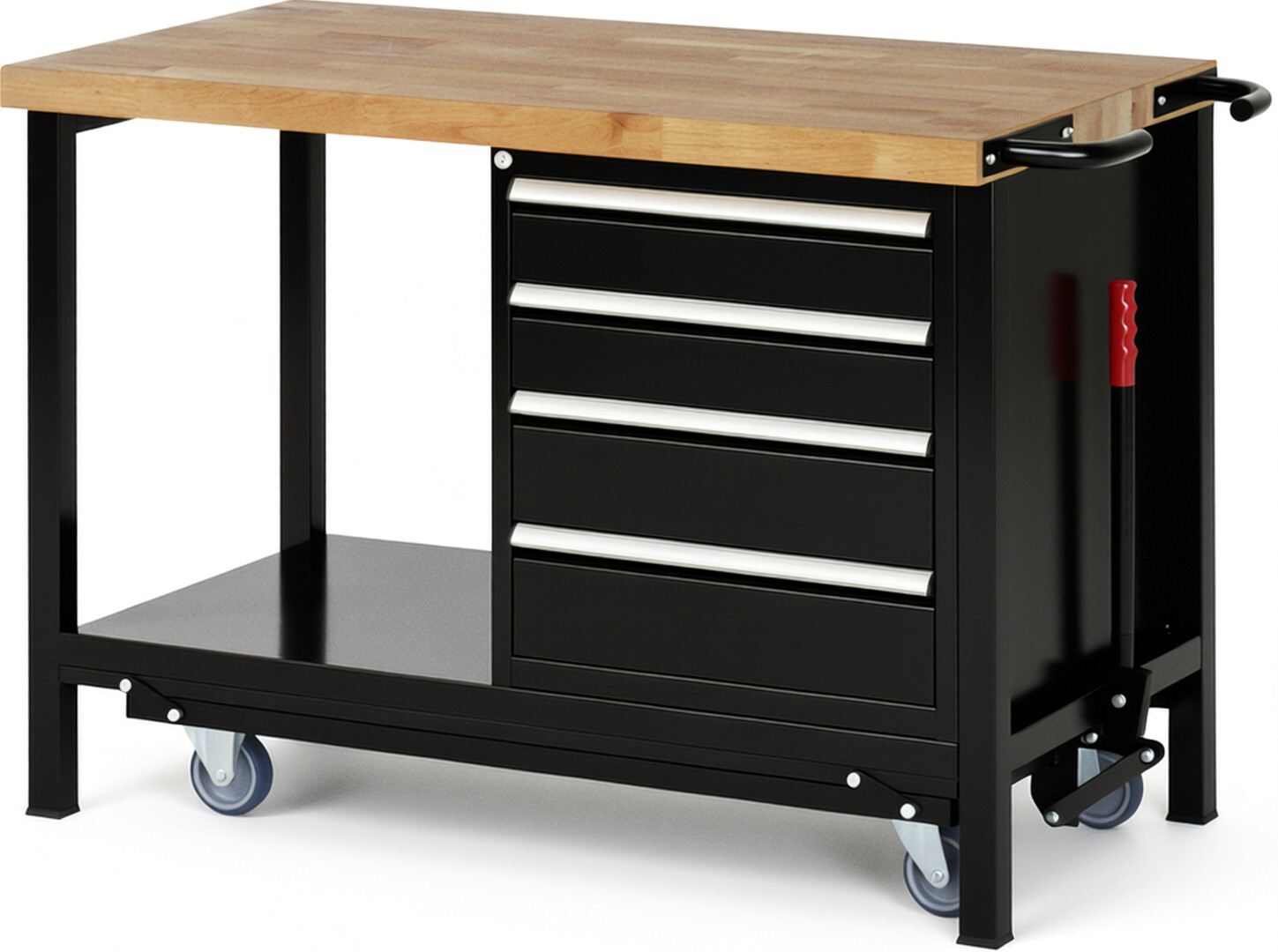 Absenkbare Werkbank Modell 8162 schwarz, BxTxH 1250x700x880 mm,  Buche-Massiv Arbeitsplatte 40 mm,  4 Schubladen mit  Auszug 90 %