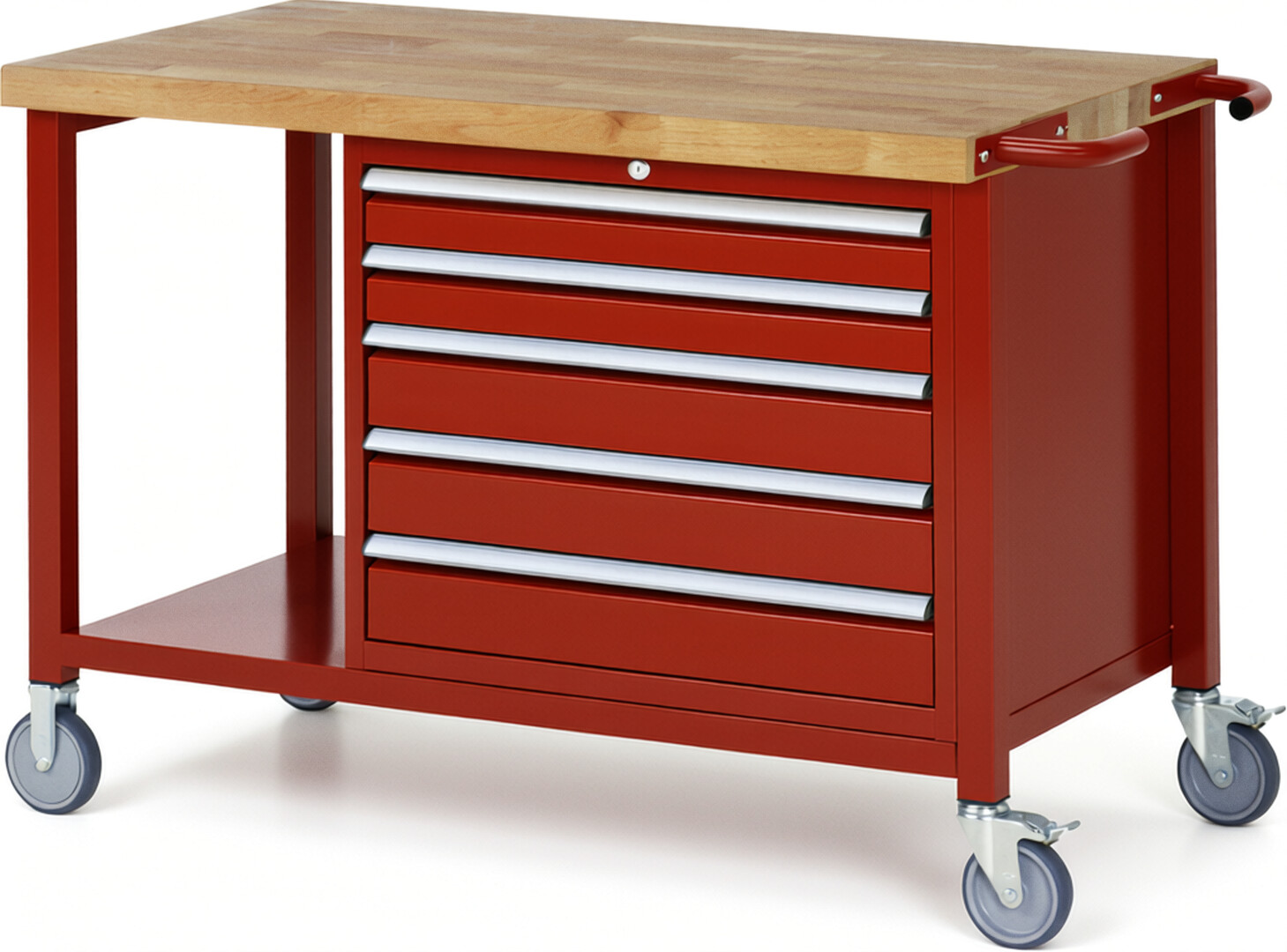 Fahrbare Werkbank Modell 8271 rot, BxTxH 1250x700x880 mm,  Buche-Massiv Arbeitsplatte 40 mm,  5 Schubladen mit  Auszug 90 %