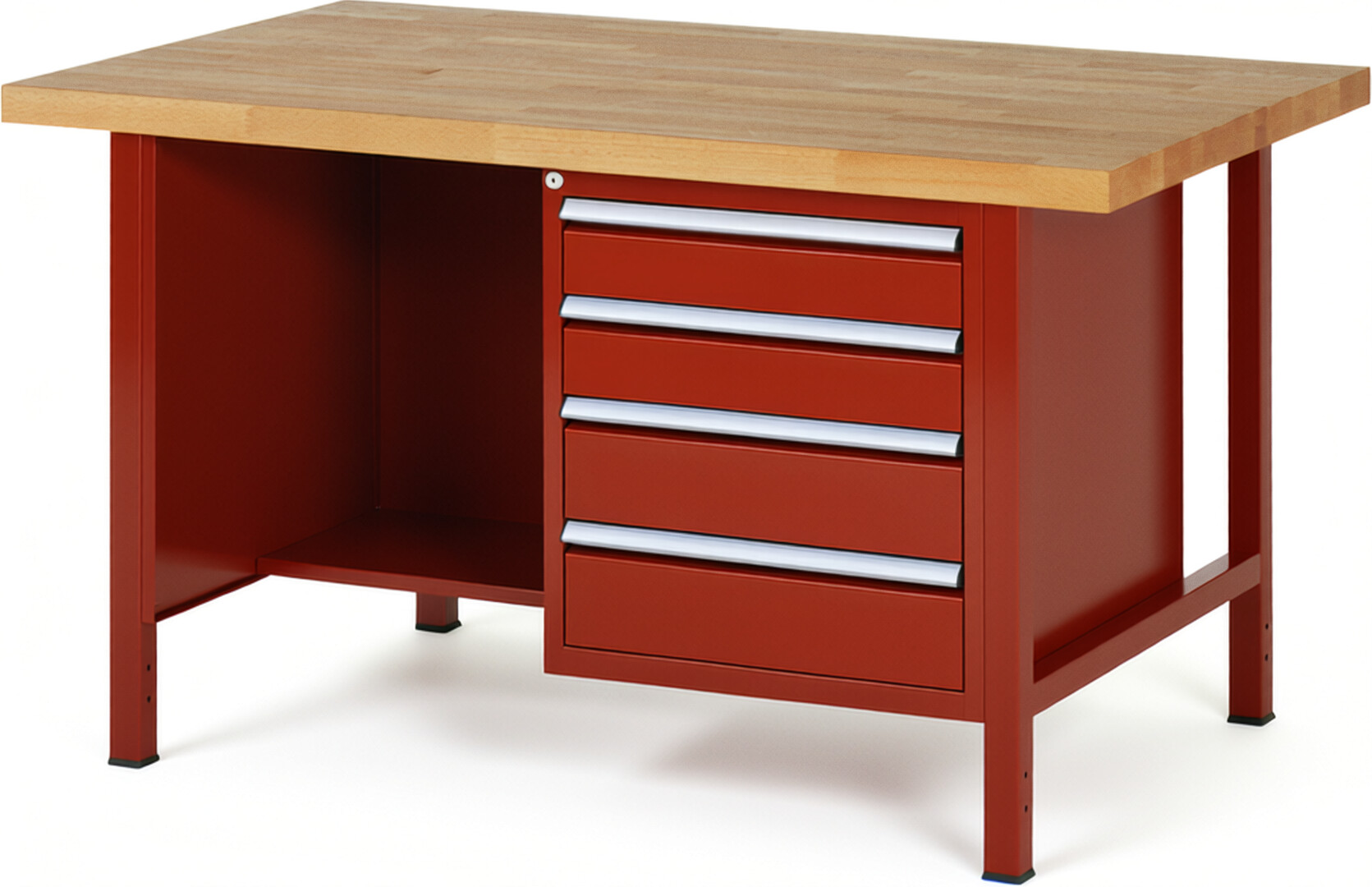 Werkbank Modell 8453 rot, BxTxH 1500x900x840 mm,  Buche-Massiv Arbeitsplatte 40 mm,  4 Schubladen mit  Auszug 90 %