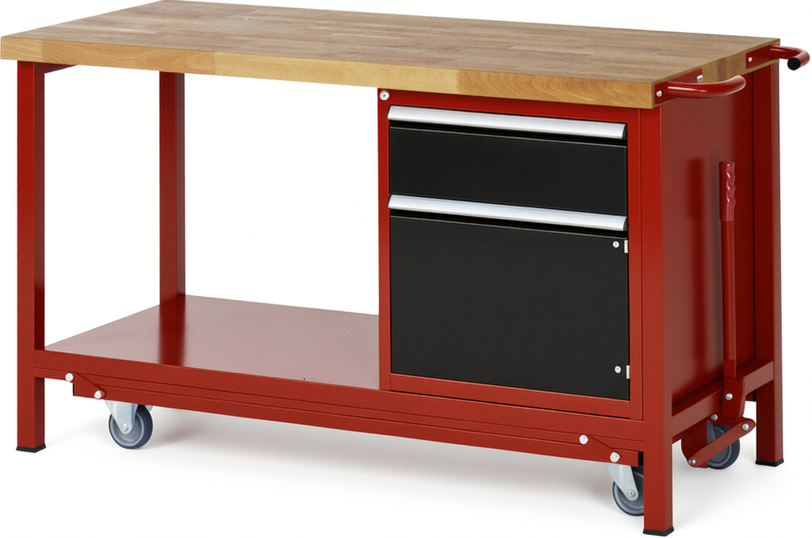 Absenkbare Werkbank Modell 8152 rot - schwarz, BxTxH 1500x700x880 mm,  Buche-Massiv Arbeitsplatte 40 mm,  1 Schublade mit  Vollauszug 100 % und  SoftClosing