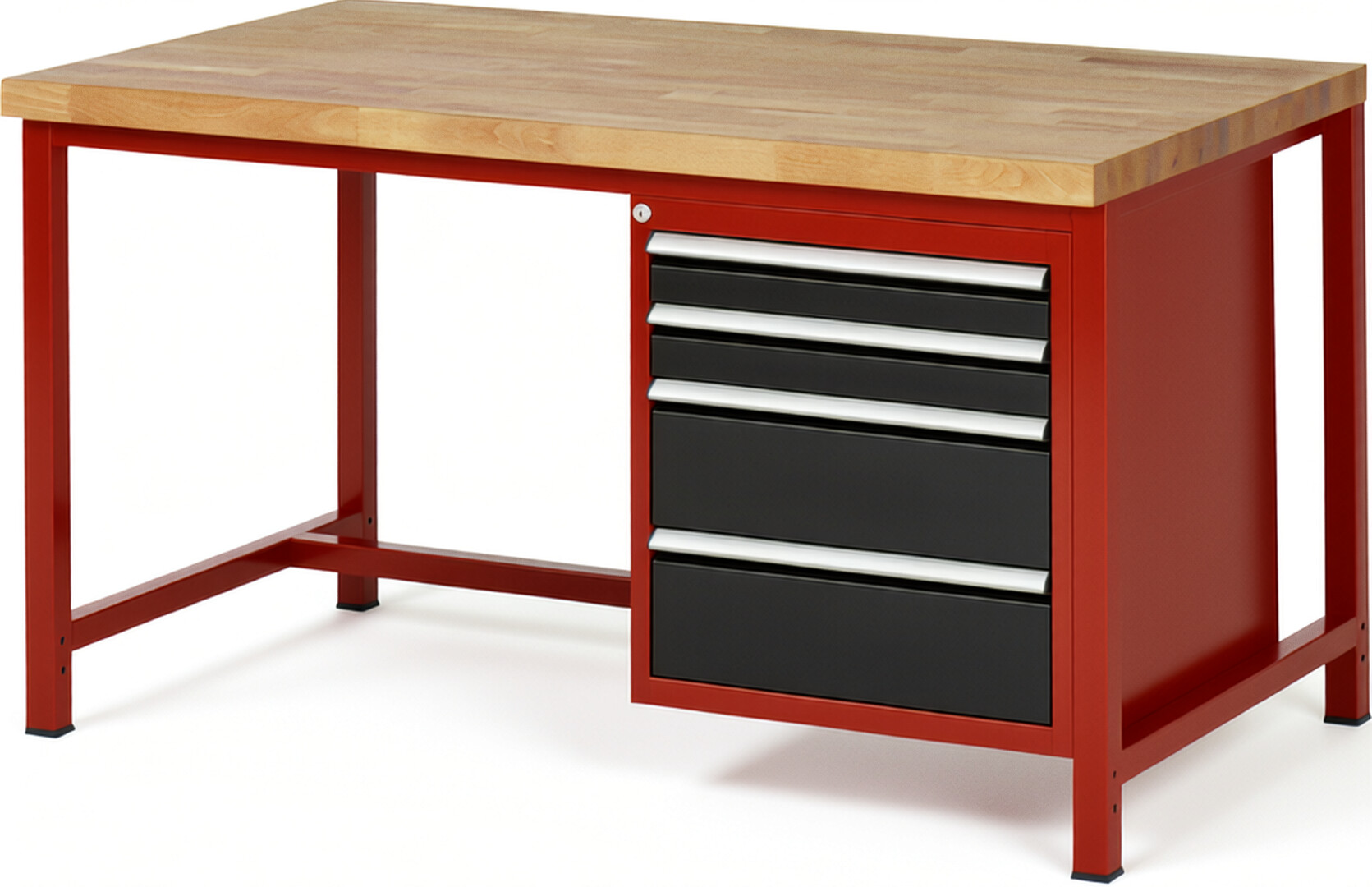 Werkbank Modell 8161 rot - schwarz, BxTxH 1500x900x840 mm,  Buche-Massiv Arbeitsplatte 40 mm,  4 Schubladen mit  Vollauszug 100 % und  SoftClosing