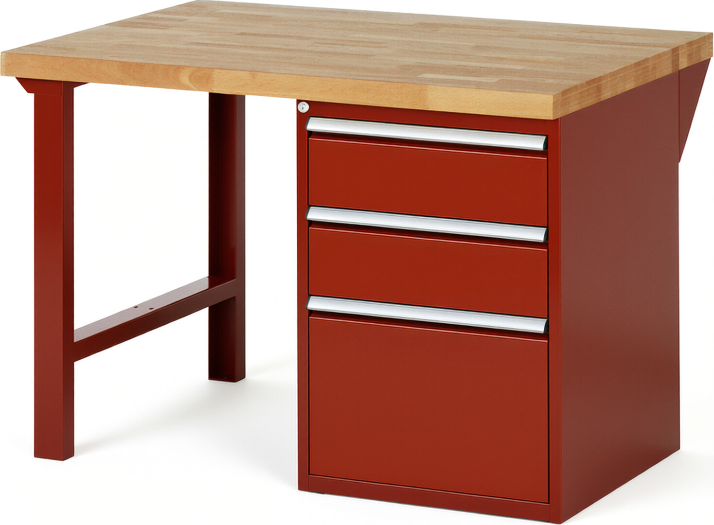 Werkbank Modell 7507 rot, BxTxH 1250x900x890 mm,  Buche-Massiv Arbeitsplatte 40 mm,  3 Schubladen mit  Vollauszug 100 % und  SoftClosing