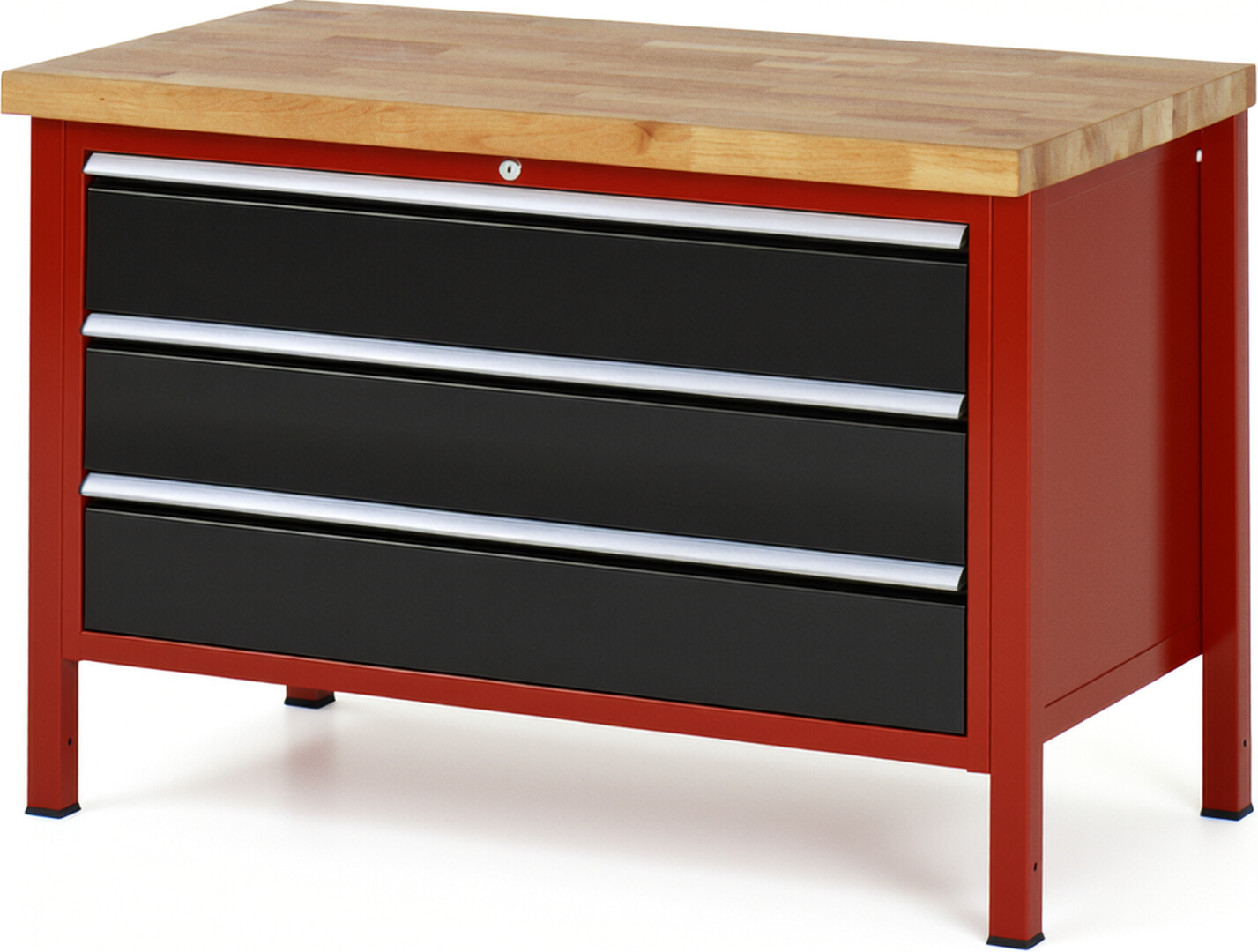 Werkbank Modell 8357 rot - schwarz, BxTxH 1250x700x840-1040 mm,  Buche-Massiv Arbeitsplatte 40 mm,  3 Schubladen mit  Auszug 90 %