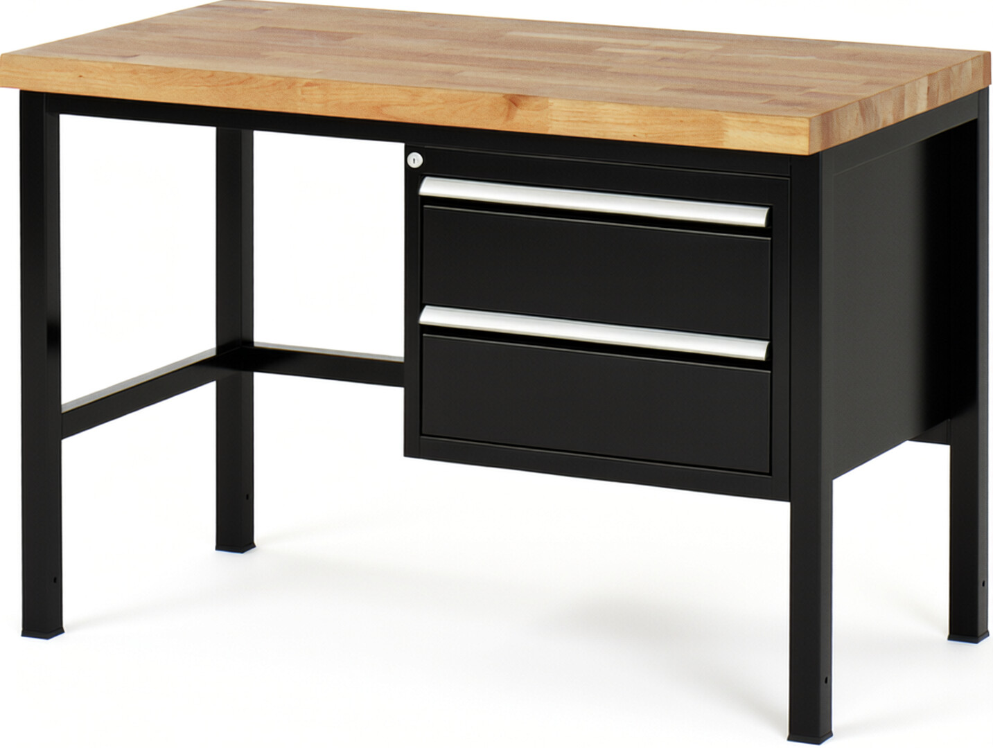 Werkbank Modell 8125 schwarz, BxTxH 1250x700x840-1040 mm,  Buche-Massiv Arbeitsplatte 40 mm,  2 Schubladen mit  Auszug 90 %