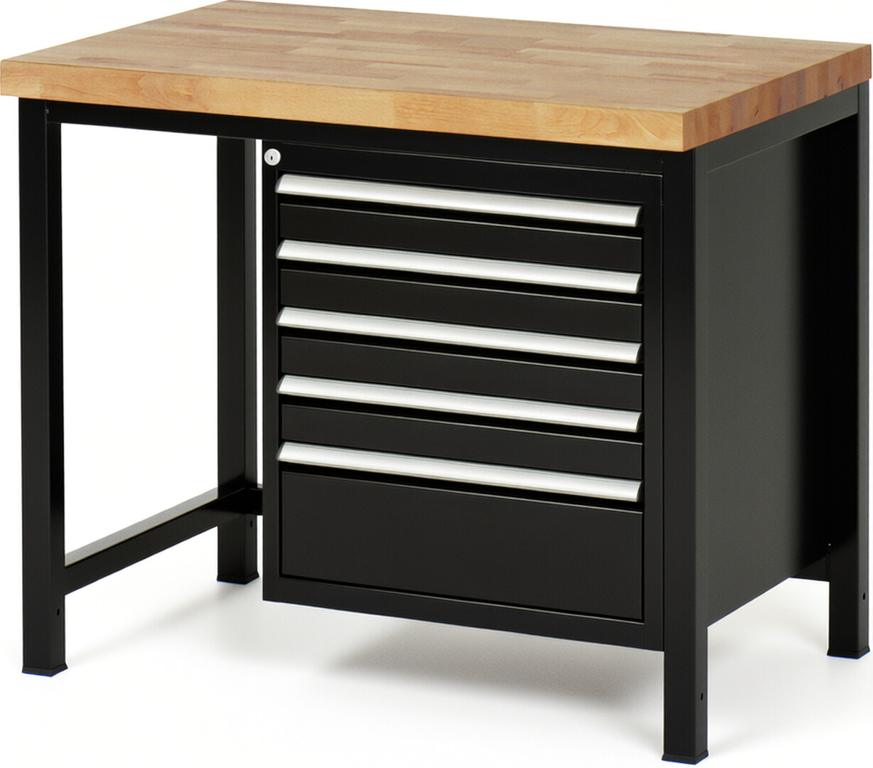 Werkbank Modell 8168 schwarz, BxTxH 1000x700x840-1040 mm,  Buche-Massiv Arbeitsplatte 40 mm,  5 Schubladen mit  Vollauszug 100 % und  SoftClosing
