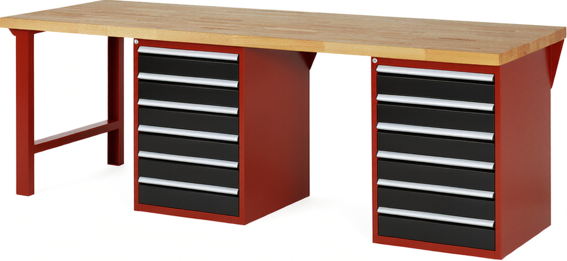 Werkbank Modell 7516 rot - schwarz, BxTxH 2500x900x890 mm,  Buche-Massiv Arbeitsplatte 40 mm,  12 Schubladen mit  Auszug 90 %