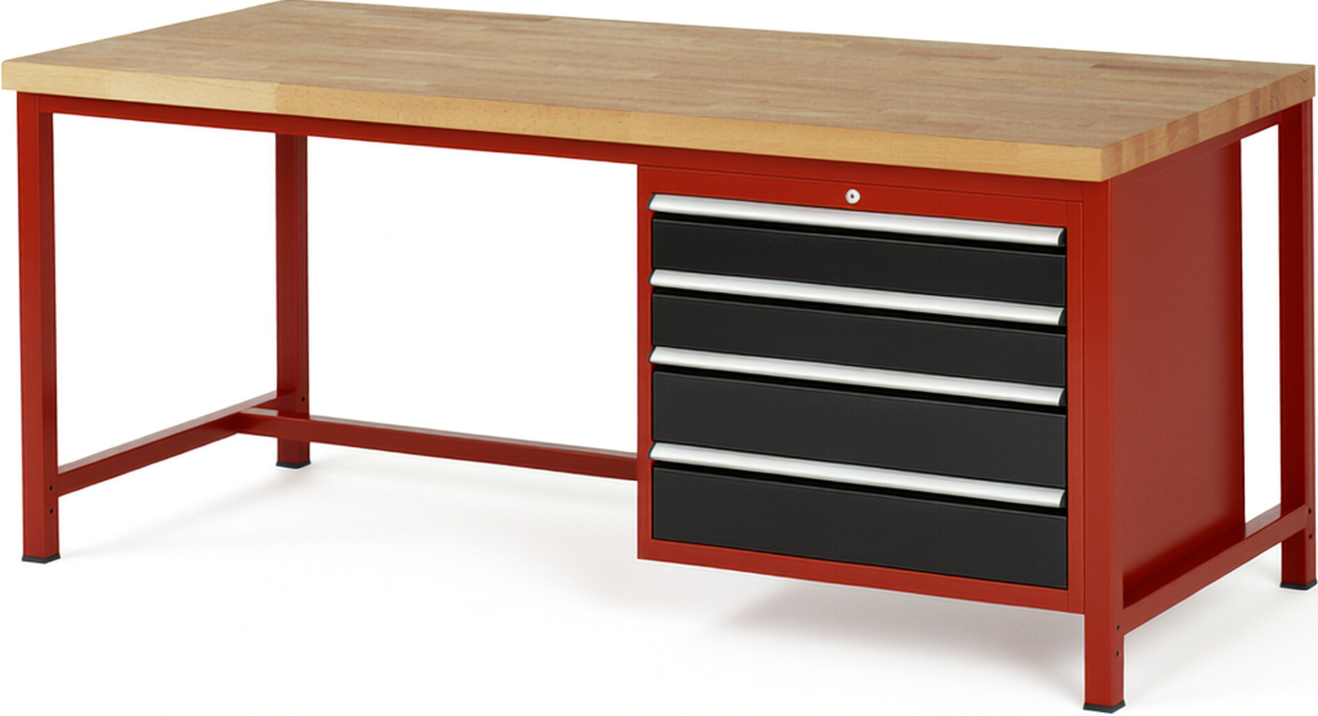 Werkbank Modell 8262 rot - schwarz, BxTxH 2000x900x840 mm,  Buche-Massiv Arbeitsplatte 40 mm,  4 Schubladen mit  Auszug 90 %