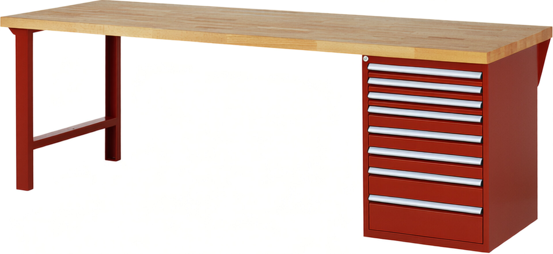 Werkbank Modell 7519 rot, BxTxH 2500x900x890 mm,  Buche-Massiv Arbeitsplatte 40 mm,  8 Schubladen mit  Auszug 90 %