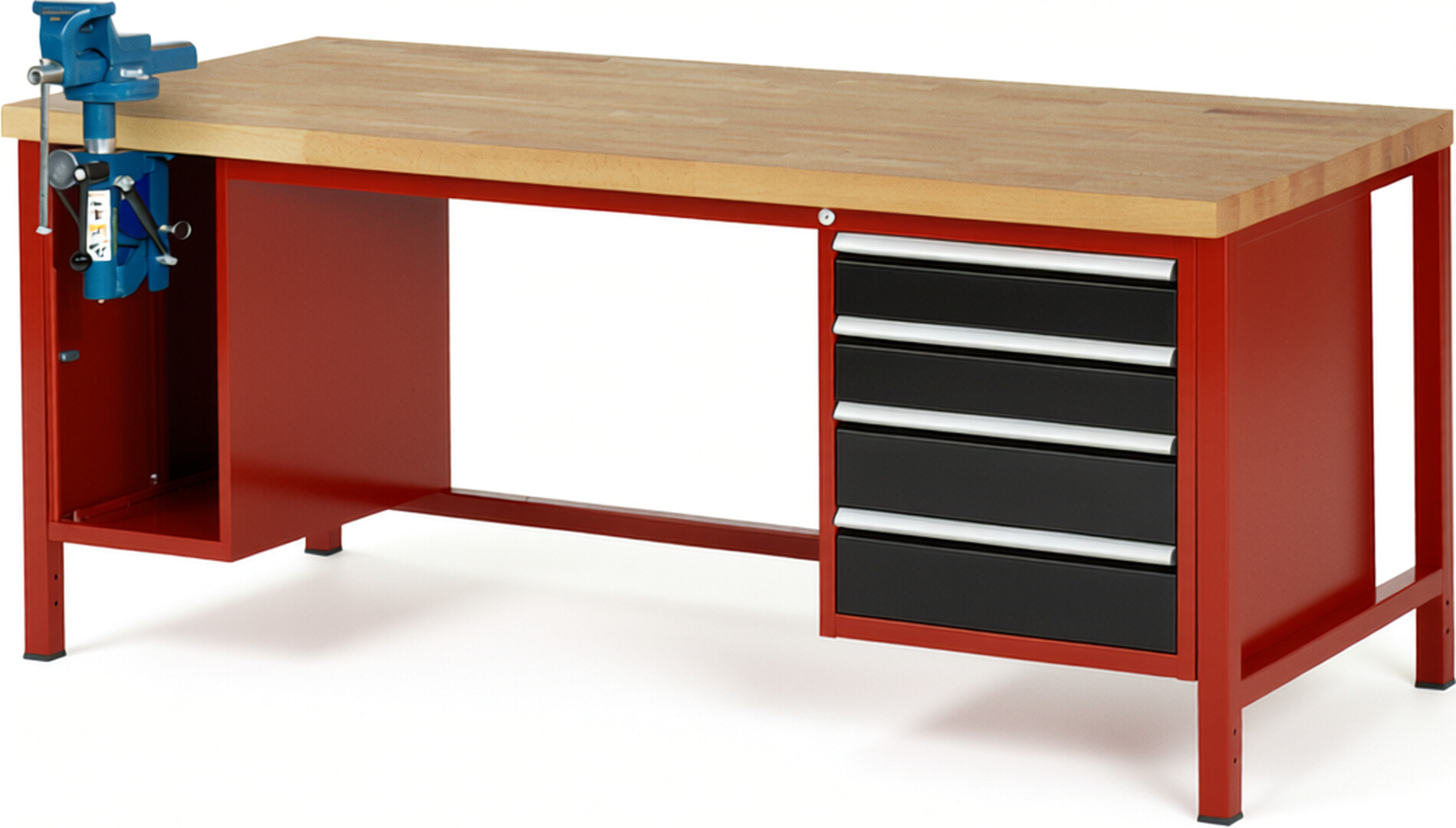Werkbank Modell 8185 rot - schwarz, BxTxH 2000x900x840-1040 mm,  Buche-Massiv Arbeitsplatte 40 mm,  4 Schubladen mit  Auszug 90 %